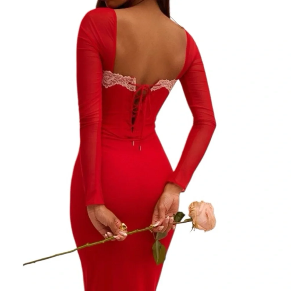 House of CB MP Scarlet Red Pink Lace Nylon Bodycon Corset Seraphina Dress Glam - Picture 2 of 9